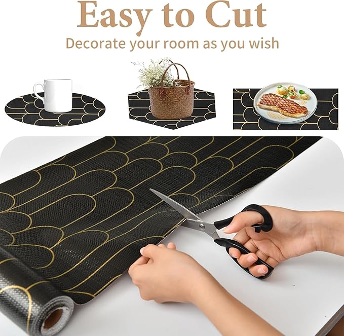 Shelf Liners for Kitchen Cabinets Drawer Liner 17.5in x 20FT Non Adhesive Black Gold Line Thickened Refrigerator Shelf Liner Paper Strong Easy to Clean for Tool Box with Knife and Tape Measure