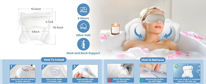 Bath Pillow, Luxury Bath Pillows for Neck Head and Back Support,Bathtub Pillow with Soft 4D Breathable Mesh Fabric and Nonslip Suction Cups,Relaxing Bath Accessories .(White)