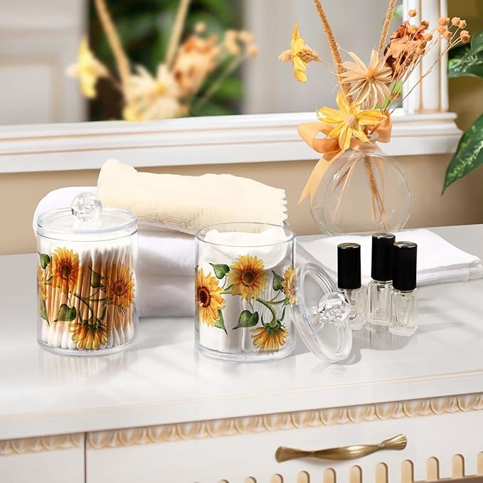2 Pack Qtip Holder Dispenser for Cotton Ball Sunflower Wreath Cotton Swab Round Pads Clear Plastic Acrylic Jar Set Bathroom Canister