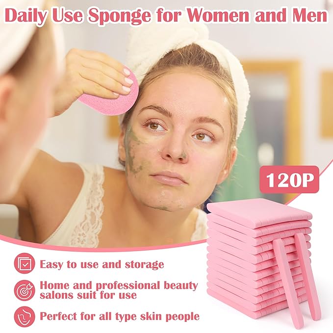 X-Large 120 Pcs Facial Sponge Compressed, Luxiv 4.5x3.4 Large Face Cleansing Sponges for Estheticians Compressed Makeup Remover Sponge Oval Wash Face Sponges for Women Exfoliating (Pink)