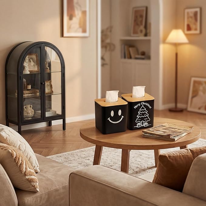 Black Tissue Box Cover, Square Tissue Box Holder with Bamboo Cover Plate, Cube Tissue Box Cover for Desk Accessories, Tissue Holders Decorative Square Tissue Box Tissue Holders for Bathrooms Bedrooms
