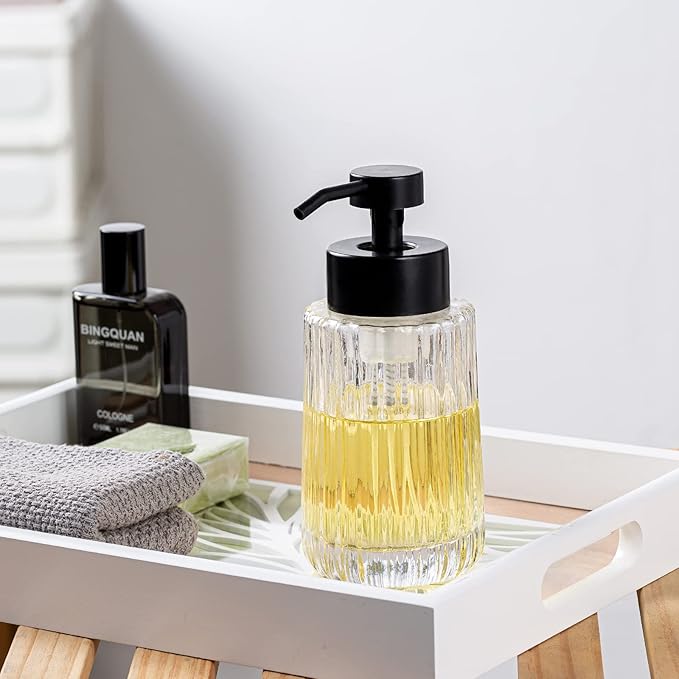 Easy Tang Glass Foaming Soap Dispenser with Black Pump, 12 OZ Vintage-Inspired Modern Glass Refillable Bottle, Hand Soap for Bathroom Countertop and Kitchen