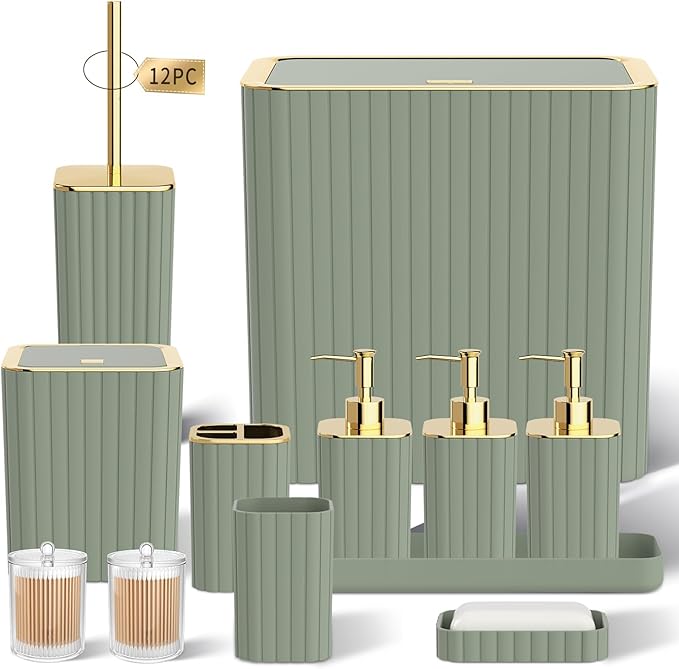 Bathroom Accessory Set - Sage Green Bathroom Set, 12PC Bathroom Accessories Set, Mini Trash Can, Toilet Brush, Trash Can & Soap Dispenser
