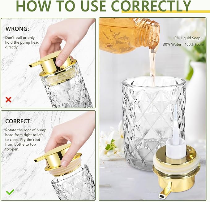 Glass Foaming Soap Dispenser Refillable Foaming Hand Soap Dispenser with Gold Large Pump Wide Opening for Bathroom Kitchen Countertop Modern Home Decor with Elegant Pattern - Clear