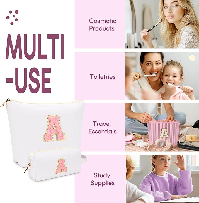 2 PCS Initial Makeup Bags for Women: Cosmetic Bag for Travel Toiletry - Birthday Gifts for 11 12 13 14 15 16 17 18 Years Old Girl Graduation Teacher Gift- Teen Girl Gifts Trendy Stuff - White S