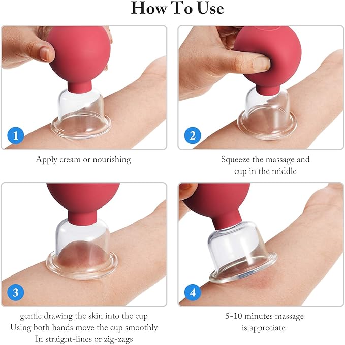 BBTO 4 Pieces Glass Cupping Set Glass Silicone Cupping Cups Massage Vacuum Suction Cupping Cups for Body Face Leg Arm Back Shoulder Muscle and Joint Pain (Red)