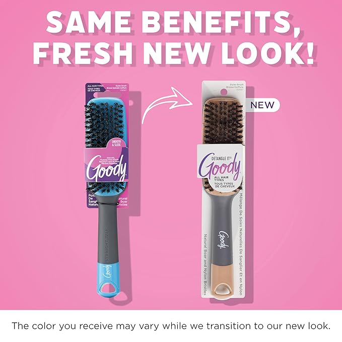 Goody Detangle It Boar Bristle Hair Brush, Use as a Detangling or Styling Brush, Conditions & Boosts Shine, Helps Tackle Knots & Reduce Frizz, For Wet or Dry Hair, Brown/Grey (Pack of 2)