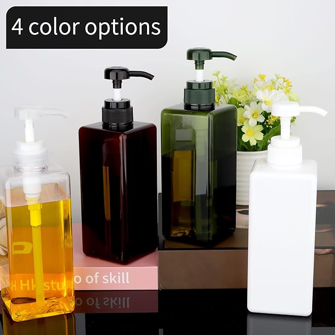 Pump Bottle Dispenser 22oz/650ml Jansburg 2Pack Refillable Square Plastic Lotion Dispenser Empty Lotion Pump Bottle for Essential Oil Lotion, Shampoo, Bathroom Travel Amber