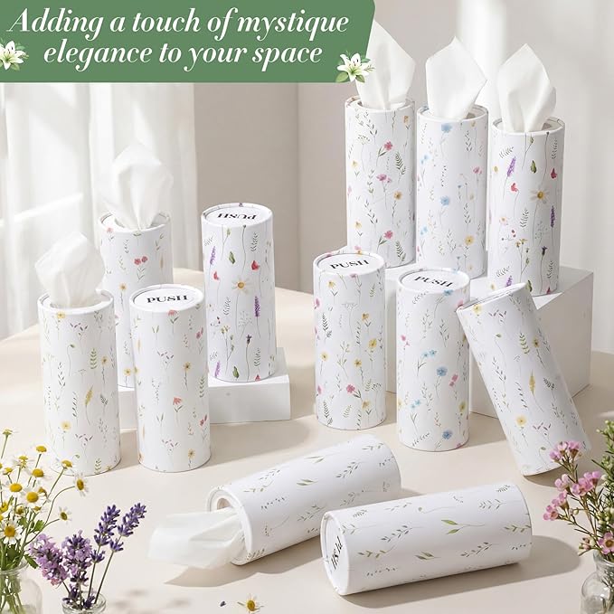 Outus 12 Pcs Floral Car Tissue Holder Cylinders with 3 Ply Facial Tissue Bulk, Portable Paper Dispenser for Cup Holder, Travel Bathroom Table Decor, Tissues Boxes Container for Home Office Party