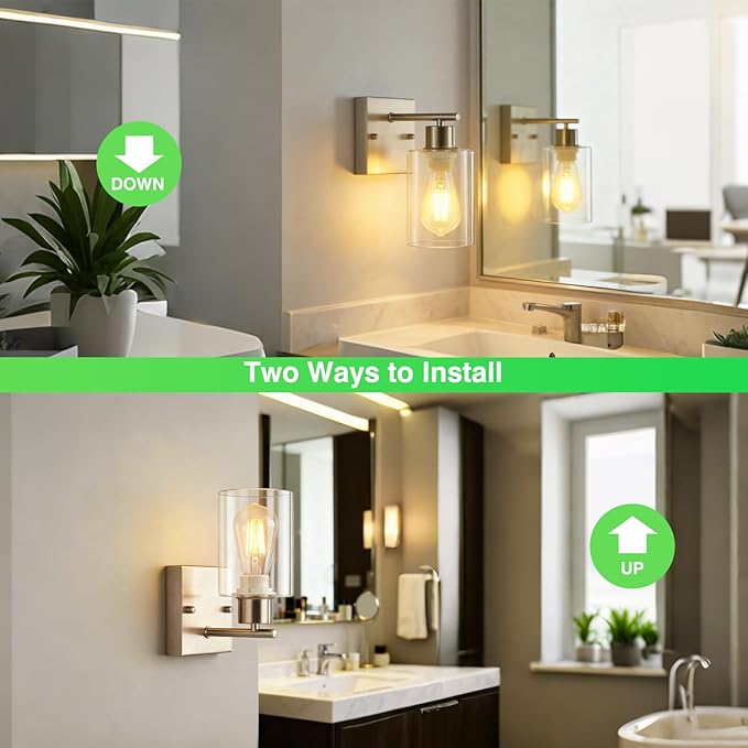 2-Pack Bathroom Wall Sconces, Brushed Nickel Vanity Lights, Modern Wall Light Fixture with Clear Glass Shade, Farmhouse Wall-Mount Lighting Lanterns, Wall Lamps for Mirror Living Room Bedroom Kitchen