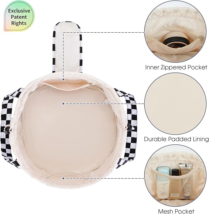 Narwey Barrel Drawstring Checkered Makeup Bag Large Cosmetic Bag Make up Bags Toiletry Bag Travel Bags for Toiletries Organizer for Women Gift for Teen Girls (Black Checkerboard) (Patent)