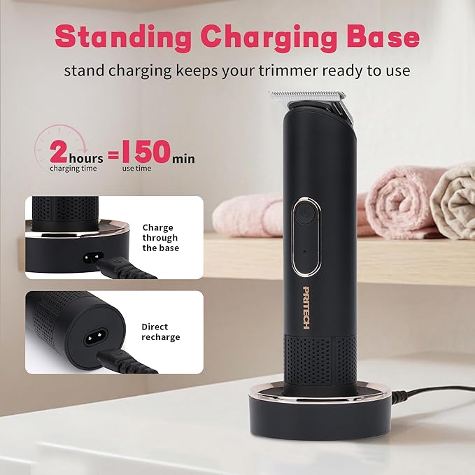 PRITECH Hair Trimmer for Women - Rechargeable Bikini Trimmer for Women Pubic Hair, Wet&Dry Use, Pain-Free Electric Razor&Shaver with Standing Recharge Dock, Ideal Gift, Black