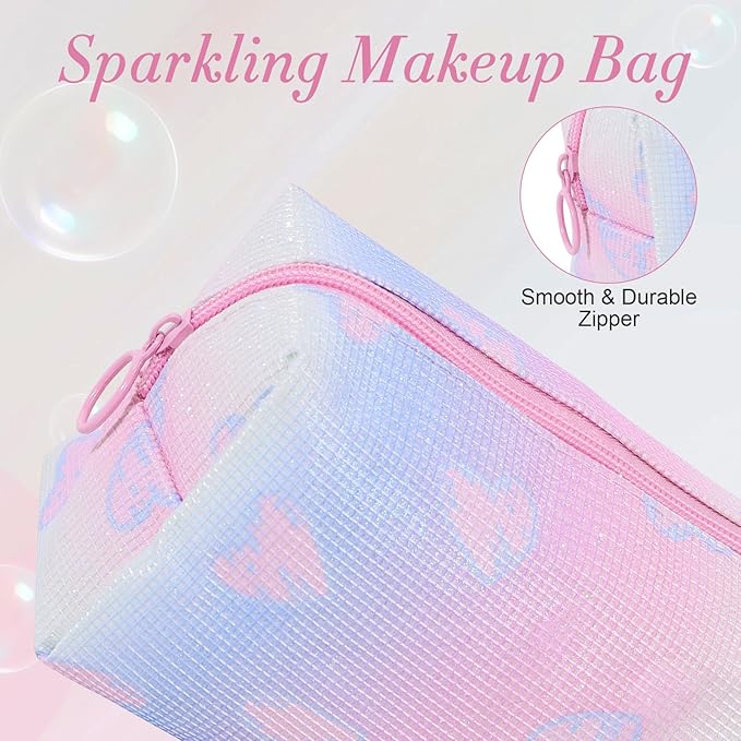 Makeup Bag, Portable Makeup Brush Pouch, Shiny Cool Heart Pattern Makeup Organizer Case for Women, Small