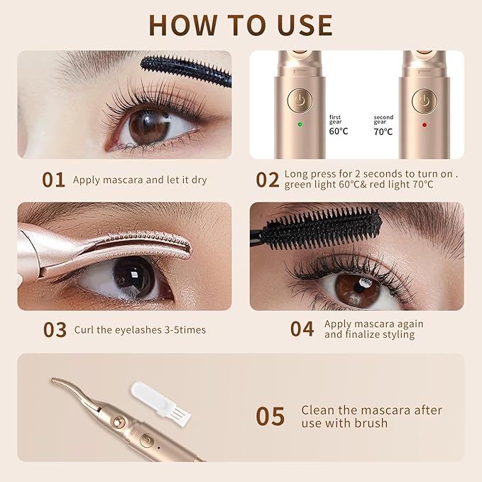 Heated Eyelash Curlers - 2 in 1 Electric Eyelash Curler & Eyebrow Trimmer for Women Best for Women's Makeup Tool Type C Rechargeable Natural Curling Easy for Beginners to Use (Gold-001)