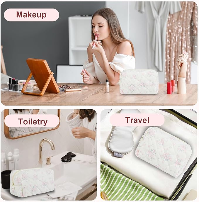Quilted Makeup Bag Floral Cotton Make up Bag Puffy Coquette Makeup pouch Aesthetic Cute Travel Toiletry Bag for Women Girls