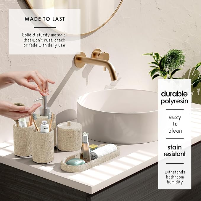 Clara Clark Bathroom Set - Beige Bathroom Accessories Set, 24PC Bathroom Accessory Set, Bathroom Sets with Shower Curtain Set, Adhesive Corner Shower Caddy Hanging & Soap Dispenser
