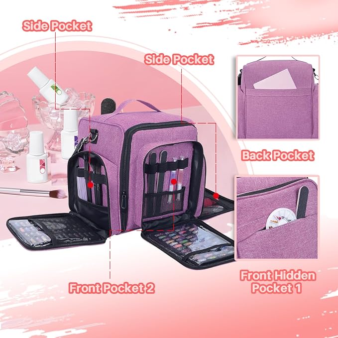 Nail Polish Organizer Storage Box, Holds 90 Bottles of Nail Polish, Portable Travel Case with 3 Separate Storage Bags, Can Be Used for Nail Art Supplies, Manicurists, etc Purple