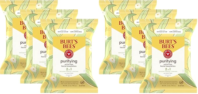 Burt's Bees White Tea Face Wipes, for All Skin Types, College Back to School Dorm Essentials, Hydrating Makeup Remover & Facial Cleansing Towelettes, 30 Ct, (Pack of 6)