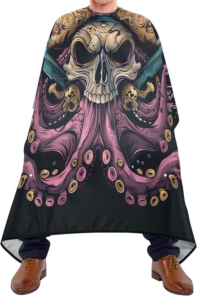 Hair Cutting Cape, Pctopus Skull Pirate Waterproof Salon Barber Apron Cape with Adjustable Neck, Beard Shaving Bib for Men Women Kids, 55x65 Inch