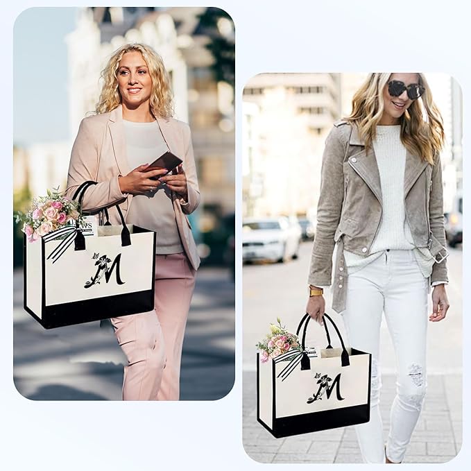 Personalized Gifts for Women - Initial Canvas Tote Beach Bag & Makeup Bag, Unique bags for Christmas, Birthday, Holiday, Wedding, Monogram Birthday Gifts for Women, Wife, Friends, sisters, Mom (M)