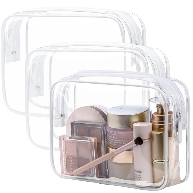 PACKISM TSA Approved Toiletry Bag - Clear Makeup Bag 3 Pack Medium, Quart Size Bag for 3-1-1 Liquids with Metal Smooth Zipper, Travel Makeup Bag for Women Men, Airport Airline Compliant Bag, White