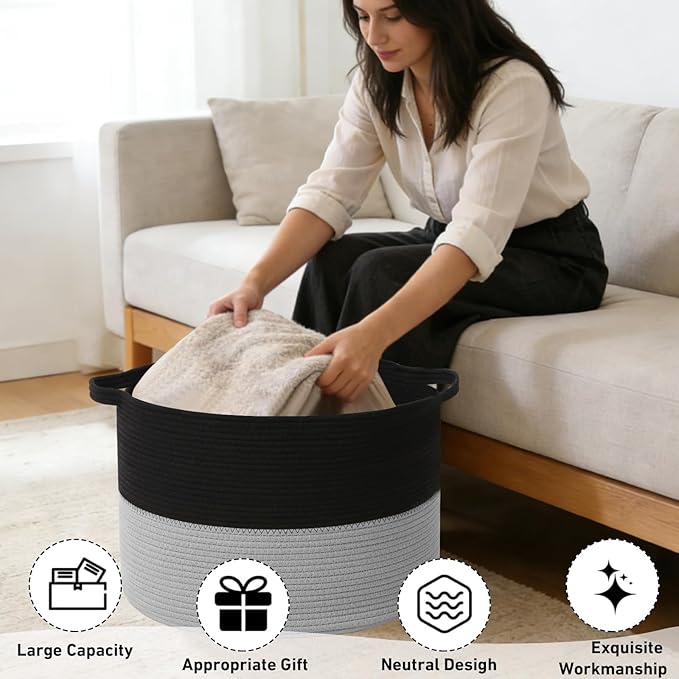 115L Large Blanket Basket,23.6"L x 23.6"W x 15.7"H Rope Woven Baskets with Handles, Toys Storage Bins,Laundry Basket Perfect for Living Room, Nursery,Bedroom,Home Organization,Black&Light Grey