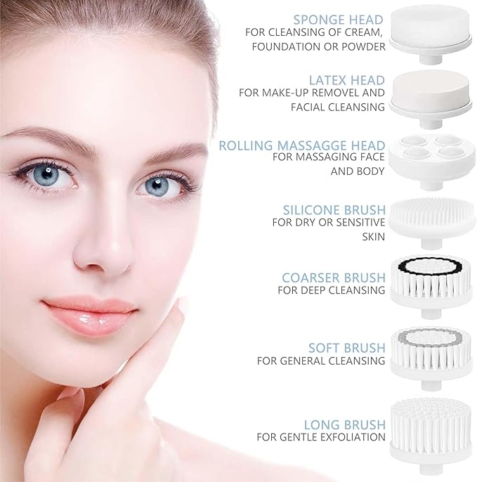 Rechargeable Facial Cleansing Spin Brush Set with 7 Exfoliating Brush Heads - Complete Face Spa System by CLSEVXY - Advanced Microdermabrasion for Gentle Exfoliation and Deep Scrubbing