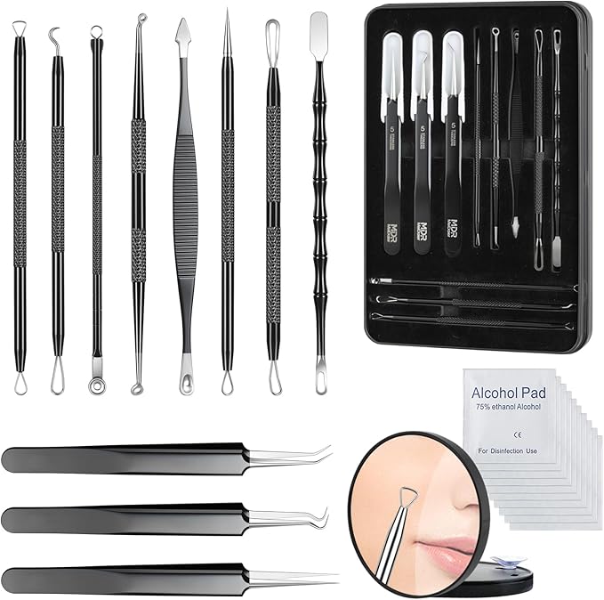 Pimple Popper Tool kit Blackhead Remover Comedone Extractor Kit with Box for Easily Remove blackheads, Acne, Blemishes, Whiteheads, pimples and Papules from the face and Bonus Gift -11pcs