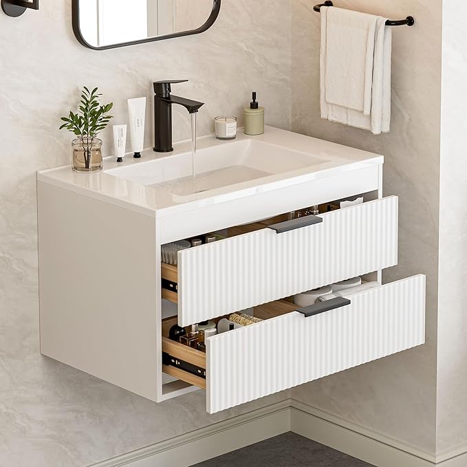 30 Inches Modern MDF Bathroom Vanity with Sink, Wall Mounted Floating Cabinets w/Double Drawers, Black Handles, White Resin Sink Combo Set (White, 30")