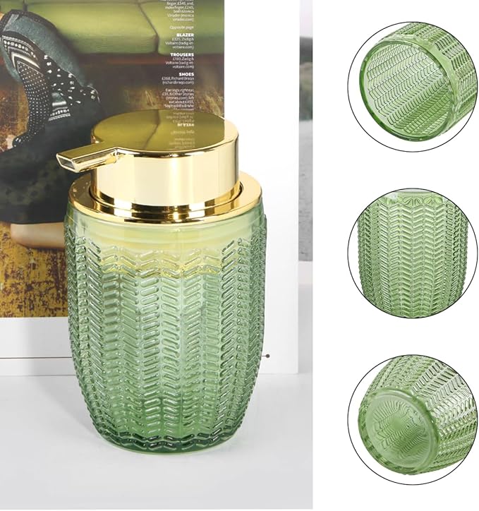 Green Foaming Soap Dispenser, Glass Foam Hand Soap Dispenser with Gold Pump, Bathroom 10 Oz Refillable Liquid Lotion Pump Container Barrel Shape Bottle for Kitchen Countertop Decor
