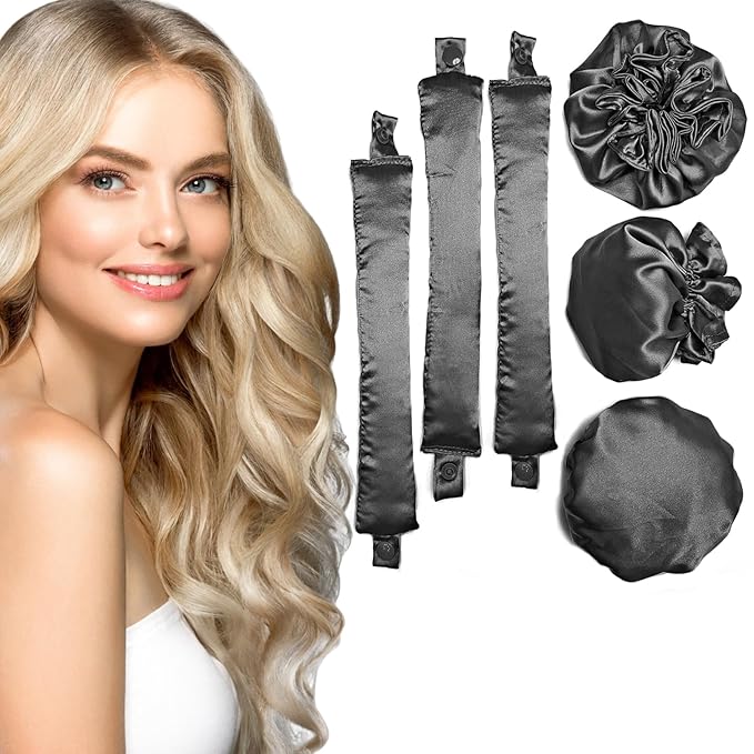 3Sets/6PCS Ariuvor New Satin Heatless Hair Curler,Hair Rollers for Heatless Curls with Hair Caps,Soft Heatless Curling Rod Headband for Long Hair,No Heat Curling to Sleep in Overnight(black)