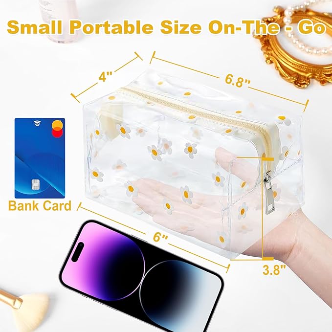 Clear Makeup Bag, Small Clear Toiletry Bag for Travel, Cosmetic Makeup Organizer Bags with Zipper, Plastic PVC Pouch Transparent Zip for Purse Reusable TSA Approved Quart Size (White Flowers)