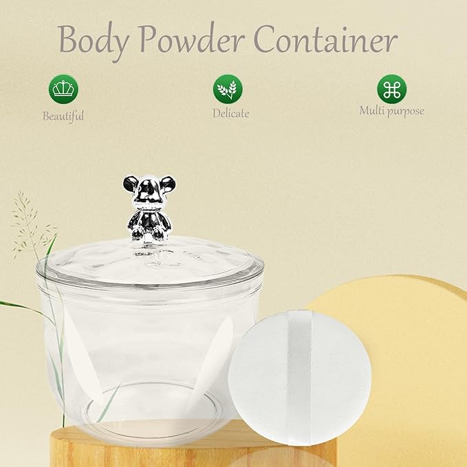 3 Pcs Body Face Plastic Powder Puff and Container Dish with 3.15 inch Fluffy Soft Large Powder Puff for Women(Bear Shape)