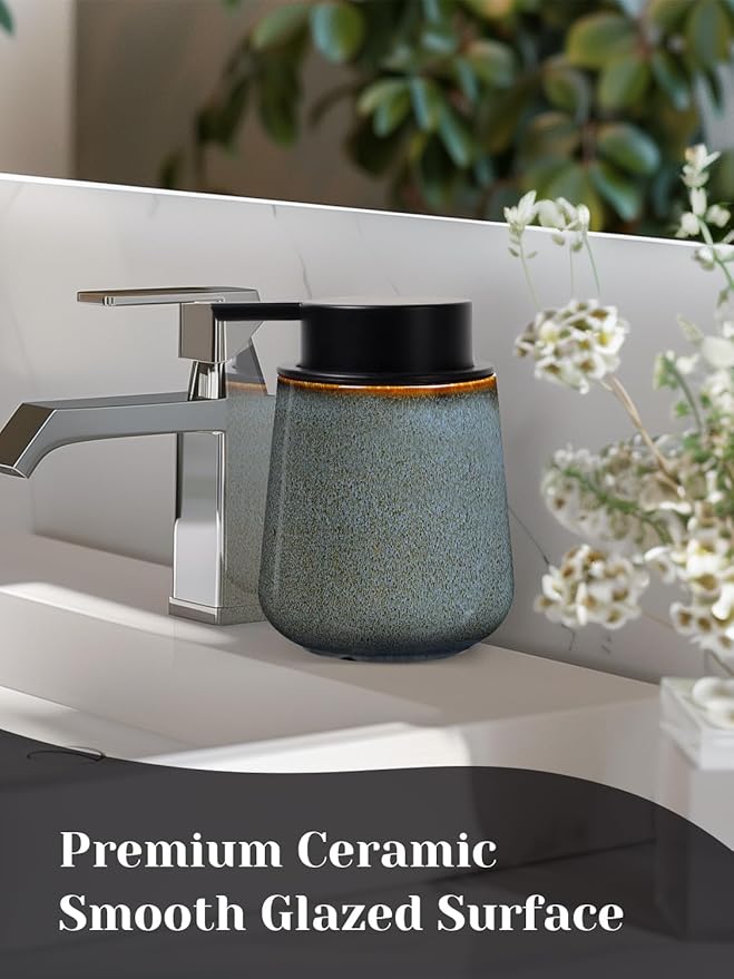 INGOFIN Ceramic Lotion Dispenser - 12 oz Refillable Hand Soap Dispenser Bathroom, Modern Liquid Dispenser with Pump, Dish Soap Dispenser for Kitchen,Kiln-Glazed Blue Green