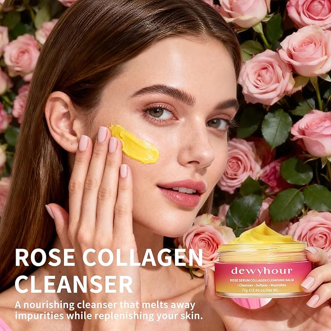 dewyhour Rose Serum Collagen Cleansing Balm - Gentle Melting Makeup Remover & Pore Cleanser, Hydrating Facial Cleanser for All Skin Types | Vegan Korean Skincare 2.46oz