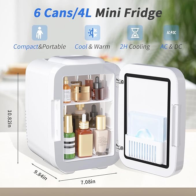 Skincare Fridge Mini Fridge for Bedroom with Dimmable LED Mirror, 4Liter/6 Cans Cooler and Warmer for Makeup, Cosmetic, Beauty, Portable Refrigerator for Bedroom, Vanity, Office and Car- White