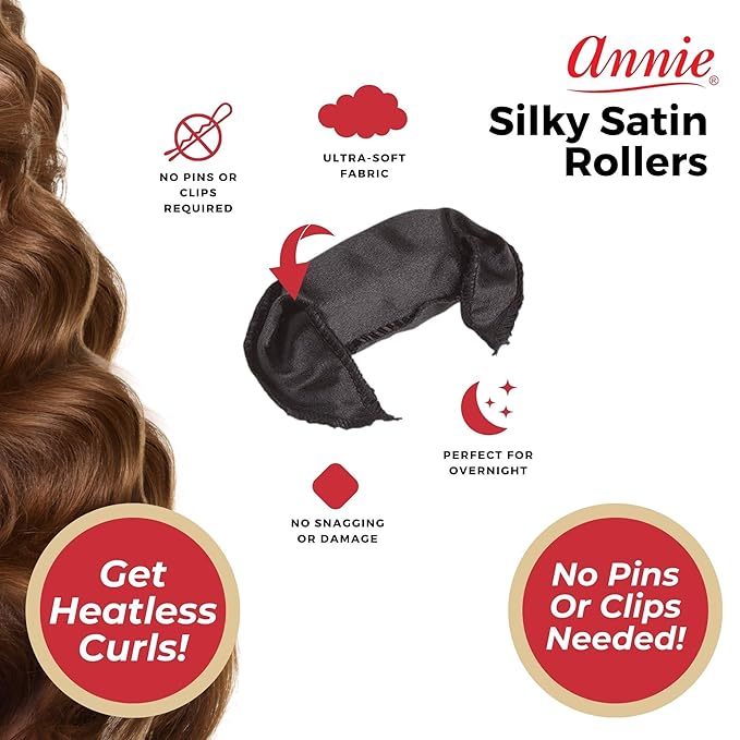 Annie Pillow Satin Rollers, 10 Count, Black, No Pins or Clips Needed, Soft Satin Fabric Helps Prevent Breakage, Snap Lock Closure, Ideal for Leaving In All Night