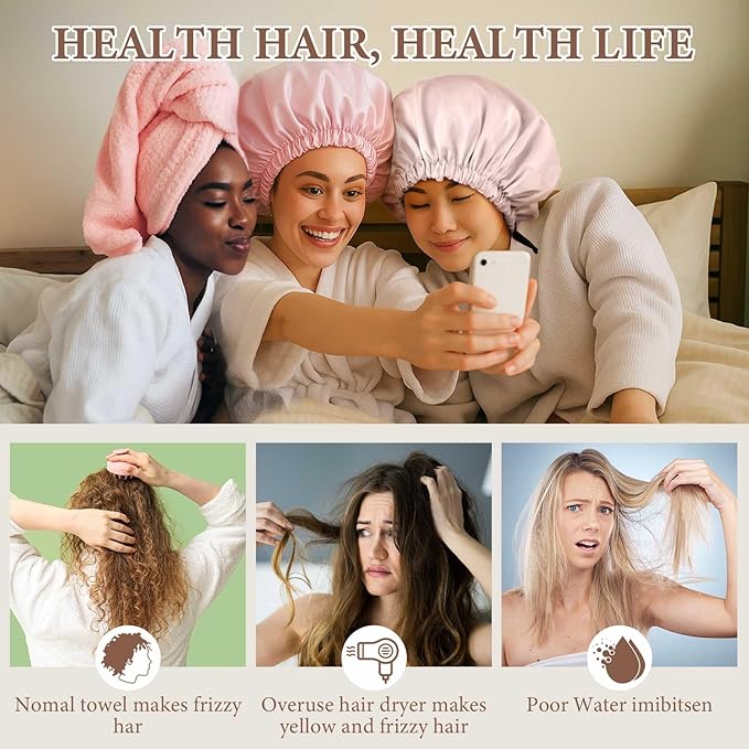 4 Pcs Microfiber Drying Hair Wrap Towels Reusable Waterproof Shower Cap with Elastic Band Adjustable Silk Hair Bonnet for Sleeping with Scrunchie for Women Christmas Favor Gifts(Pink)