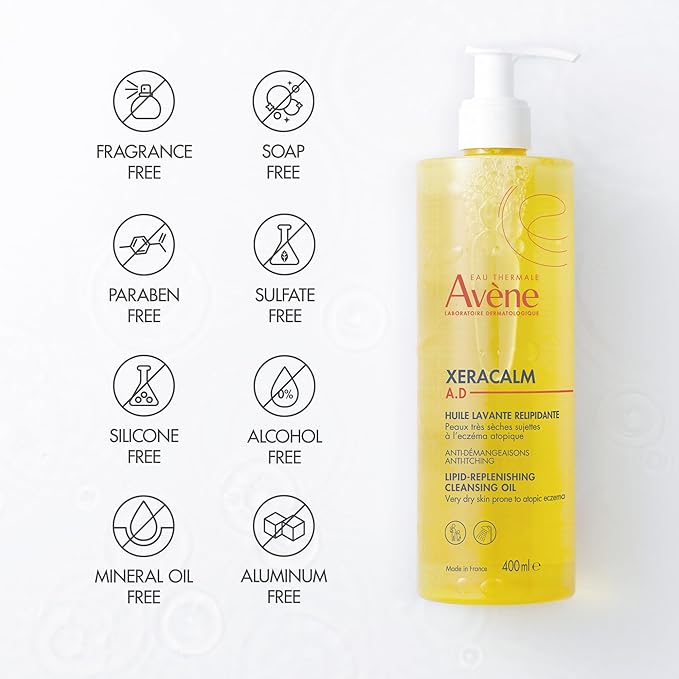 Avène XeraCalm A.D Lipid-Replenishing Cleansing Oil, Atopic Dermatitis, Eczema-Prone, Fragrance-Free, Pump, 13.5 oz.