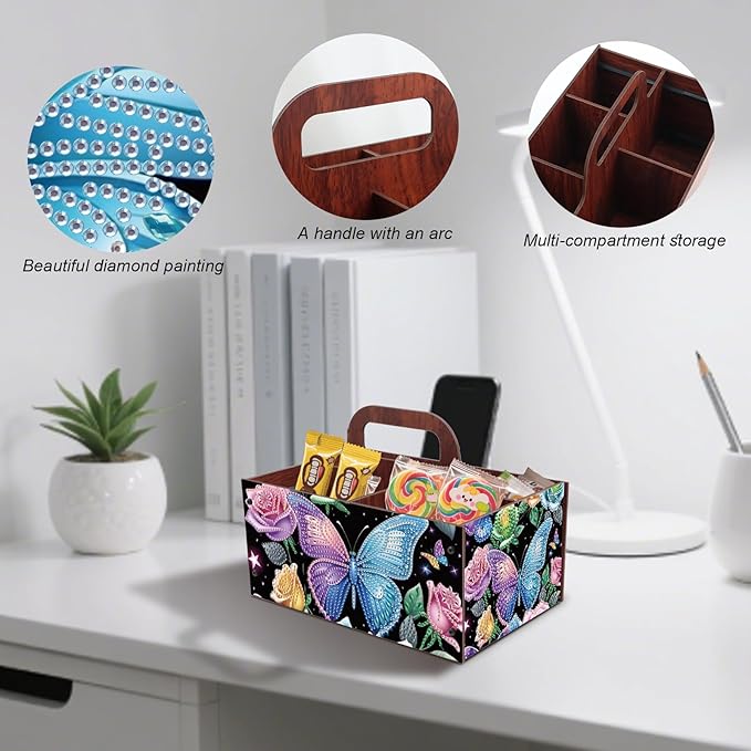 DIY Flower Diamond Art Wooden Multi-Compartment Organiser Box with Handle Diamond Painting Cosmetic Storage Box for Adult Portable Wooden Storage Case for Storing Desktop Items