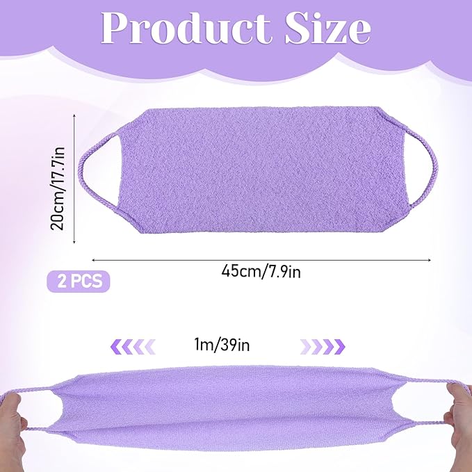 2 Pack Exfoliating Back Scrubber for Shower, Nylon Exfoliating Washcloth Back Washer for Shower with Handles, Stretchable Pull Strap Bath Scrubber for Body Women Men Clean Skin Deeply(Pink, Purple)