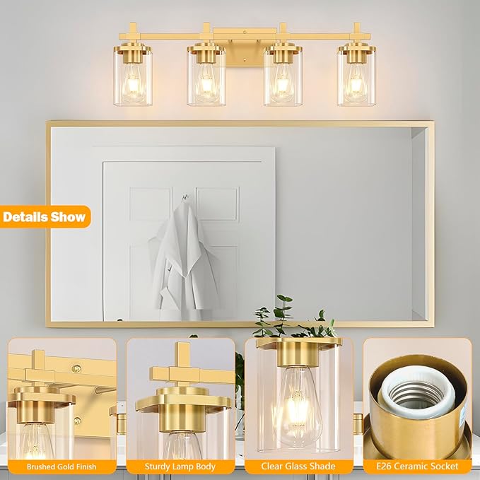 4-Lights Gold Bathroom Vanity Light Over Mirror, Brushed Gold Bathroom Wall Lights with Glass Shades, Indoor Wall Mounted Lamp for Living Room Bedroom Hallway