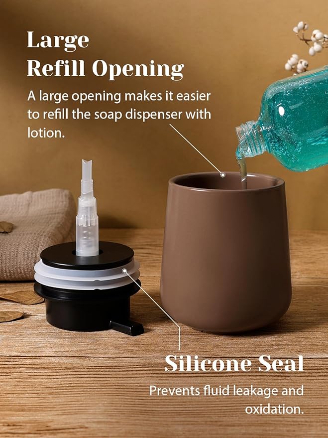 INGOFIN Ceramic Lotion Dispenser - 12 oz Hand Soap Dispenser Bathroom, Modern Liquid Dispenser with Pump, Refillable Dish Soap Bottle for Kitchen, Matte Brown