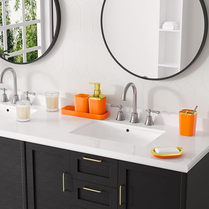 Orange Bathroom Accessories Set, Orange and Gold Bathroom Accessories with Trash Can, Soap Dispenser, Soap Dish, Toothbrush Holder and Q-tip Holders