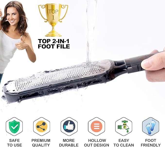 Antonki Foot File for Dead Skin, Double Sided Callus Remover for Feet, Metal Foot Scrubber for Cracked Heel, Professional Foot Scraper Rasp Pedicure Tool to Remove Hard Skin - 2 in 1 Foot File