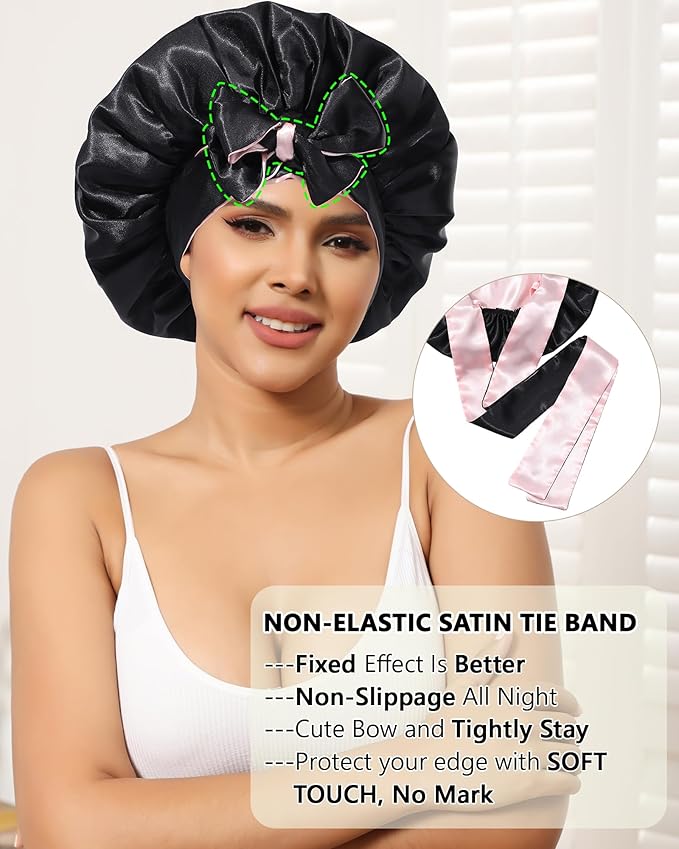 Satin Bonnet Silk Wrap for Sleeping - Reversible Night Cap with Tie Band for Curly Hair (Black + Pink)