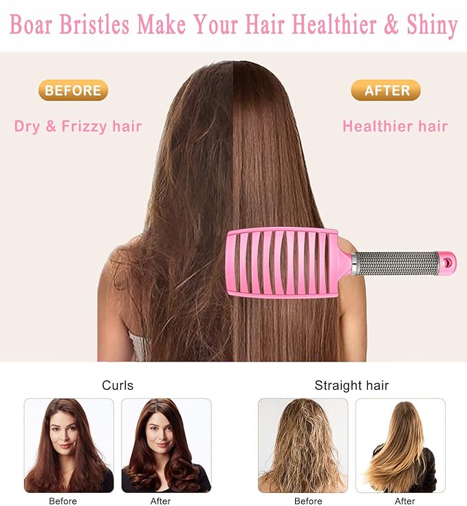 KTKUDY Detangling Hair Brush - Boar Bristle & Tangle-Free Design for Kids, Women, and Men - Perfect for Wet and Dry Hair - Smooth, Magical Pain-Free Styling (Pink)