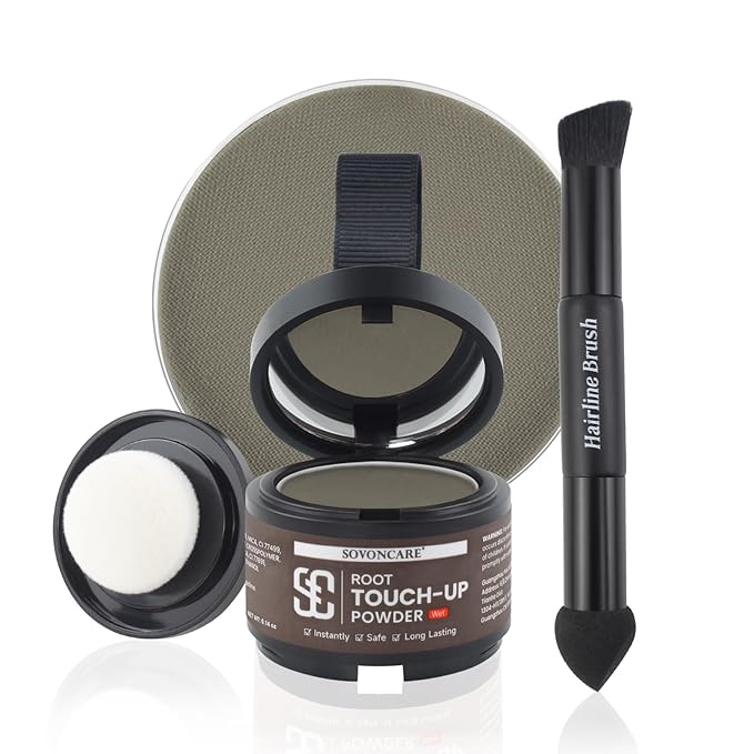 SOVONCARE Wet Hairline Powder for Women & Men - Hair Root Touch Up Powder for Grey Coverage, Thinning Hair & Bald Spots, Stays All Day - Instant Root Cover Up, Includes Brush（Medium Brown 0.14 Oz）