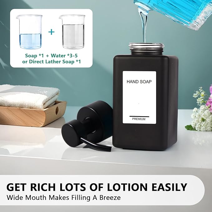 Black Foaming Hand Soap Dispenser 2 Pack,12oz/350ml Glass Foaming Soap Dispenser Set with Stainless Steel Pump, Square Refillable Foam Pump Bottles for Bathroom&Kitchen,Includes 6 Labels