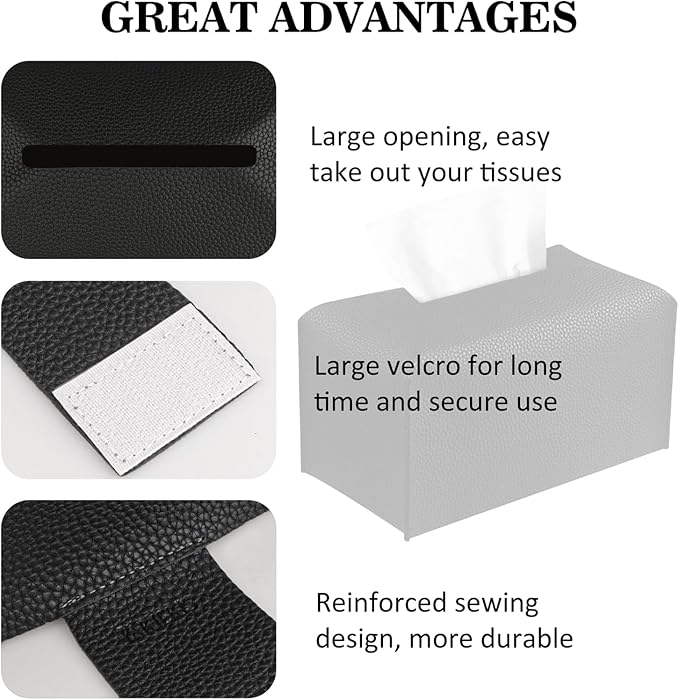 Tissue Box Cover PU Leather Tissue Holder Rectangle Facial Tissue Case Tissue Box Organizer Dispenser for Bathroom, Kitchen, Home, Office, Tabletop (Black, Tall)
